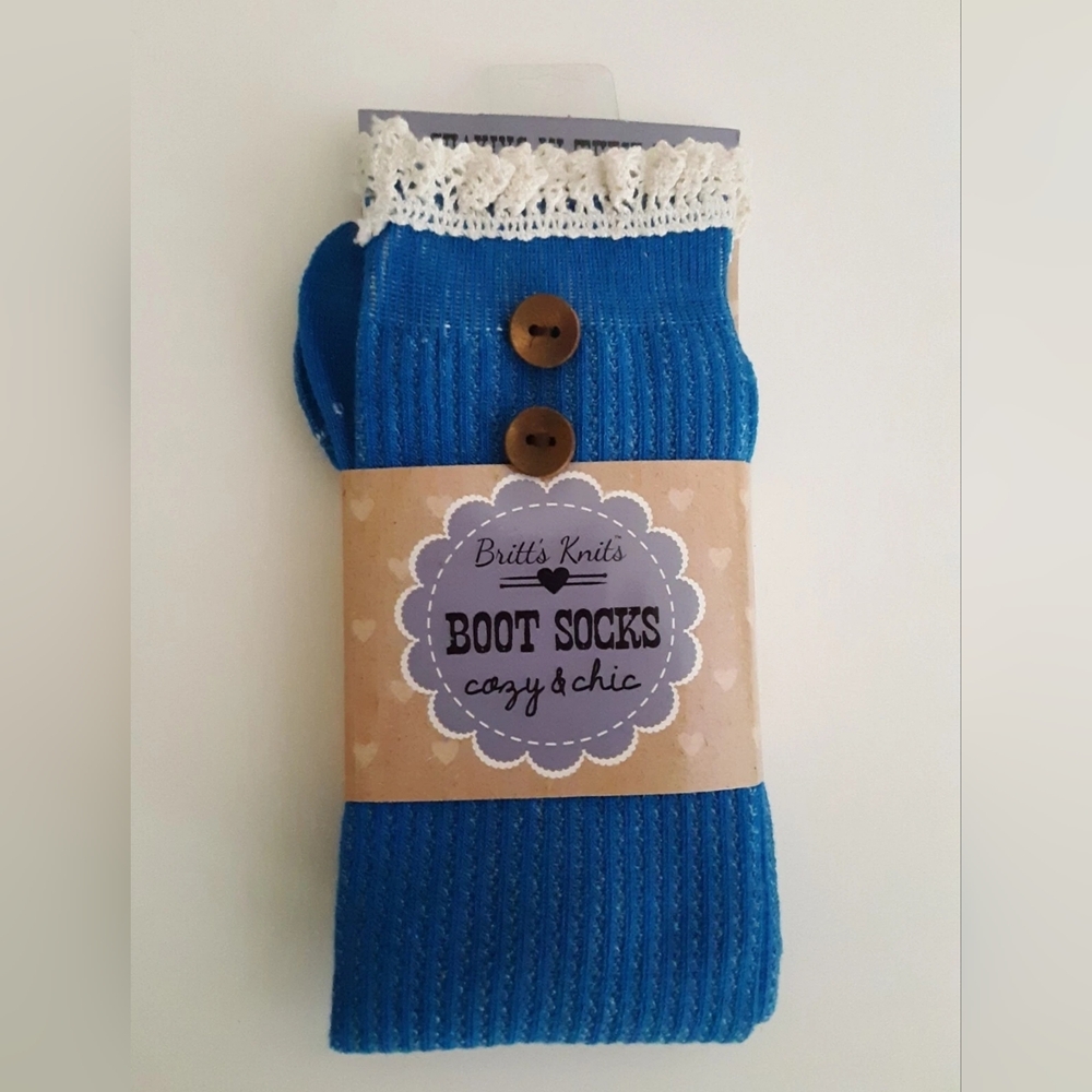 Britt’s Knits Boot Socks Over The Knee - NEW - Blue With Button Accents